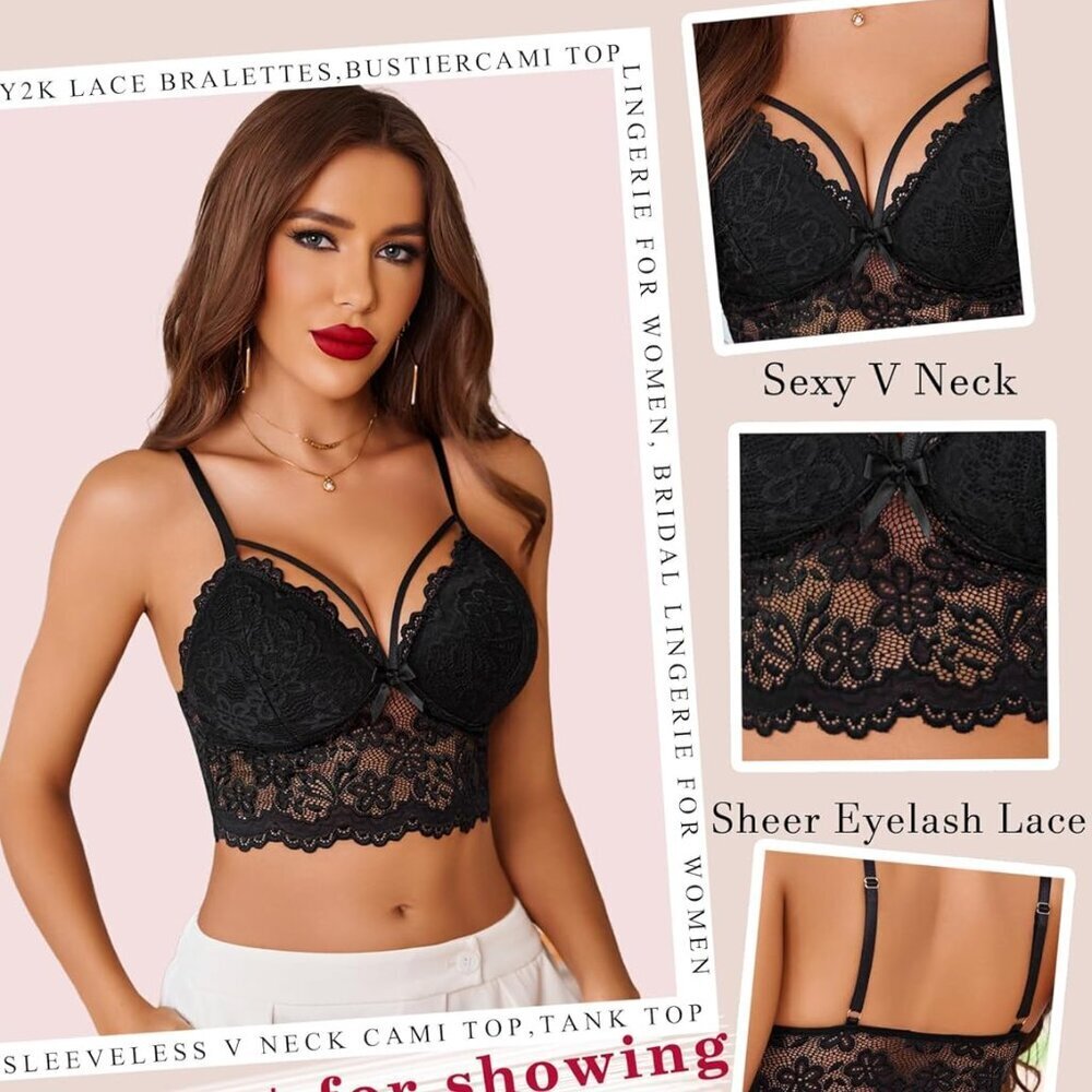 Lace Bralette for Women Lingerie Spaghetti Adjustable Strap Tank Camisole Crop T - Picture 4 of 6